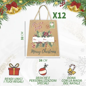 Alternative view of Shopper Vischio Natale Carta Kraft - 12 Buste Natalizie con Manici