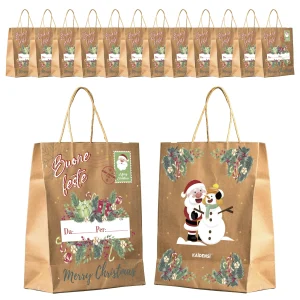 Shopper Vischio Natale Carta Kraft - 12 Buste Natalizie con Manici
